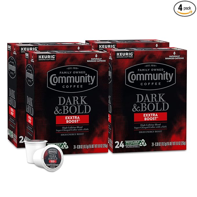 Community Coffee Dark & Bold Exxtra Boost 96 Count Coffee Pods, Compatible with Keurig 2.0 K-Cup Brewers, 24 count (Pack of 4)