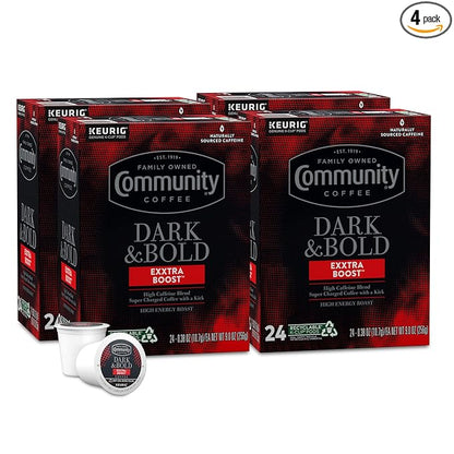 Community Coffee Dark & Bold Exxtra Boost 96 Count Coffee Pods, Compatible with Keurig 2.0 K-Cup Brewers, 24 count (Pack of 4)