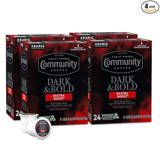 Community Coffee Dark & Bold Exxtra Boost 96 Count Coffee Pods, Compatible with Keurig 2.0 K-Cup Brewers, 24 count (Pack of 4)