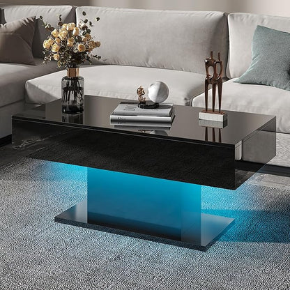 Led Coffee Table for Living Room, Living Room Table Rectangular Center Table, Modern High Glossy Wooden Coffee Tables with 16 Colors LED Lights for Dining Reception Room, Black