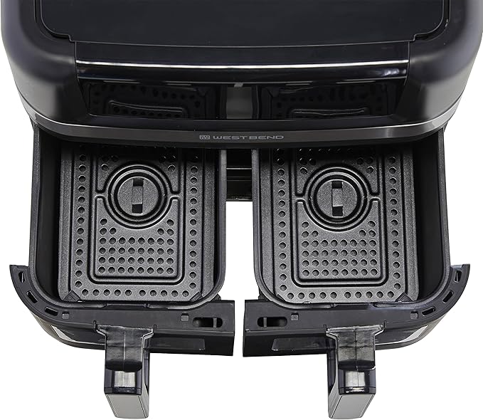 West Bend Double Up Air Fryer Dual Basket 10-Quart Capacity with Digital Controls View Windows and 15 Cooking Presets, Nonstick Frying Baskets, Dual-Zone Cooking, 1600-Watts, Black