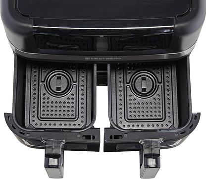 West Bend Double Up Air Fryer Dual Basket 10-Quart Capacity with Digital Controls View Windows and 15 Cooking Presets, Nonstick Frying Baskets, Dual-Zone Cooking, 1600-Watts, Black