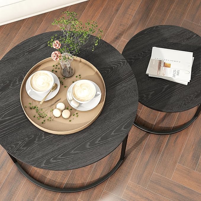 Round Coffee Table Set of 2 End Tables for Living Room,Black Coffee Table Nesting Tables,Living Room Table Wooden Accent Furniture Metal Frame,Sturdy Stacking Side Tables,Easy Assembly