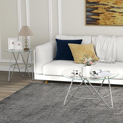 OIOG Glass Coffee Table, Round Coffee Table Living Room, Modern Coffee Table with Tempered Glass Tabletop and Chrome Frame, Silver