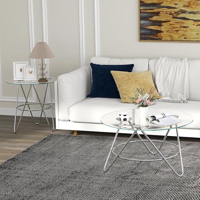 OIOG Glass Coffee Table, Round Coffee Table Living Room, Modern Coffee Table with Tempered Glass Tabletop and Chrome Frame, Silver