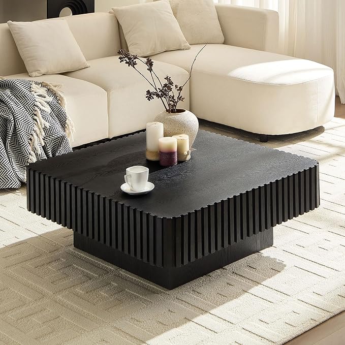 KEVINSPACE Square Wood Coffee Table, Fluted CoffeeTable Handcraft Drum TeaTable CenterTable for Living Room, Modern Wooden CocktailTable for Small Space, Easy Assembly 35.43" 15.75" H Black