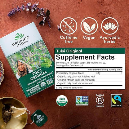 ORGANIC INDIA Tulsi Original Herbal Tea - Holy Basil and African Basil Calming and Stress Relief Tea, Immune Support, USDA Certified Organic, Non-GMO, Caffeine-Free - 18 Infusion Bags, 6 Pack
