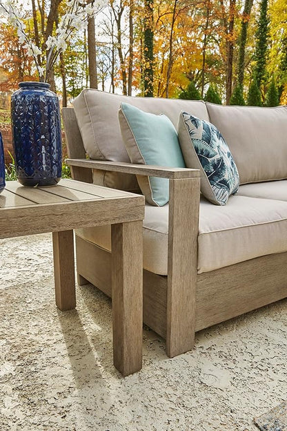 Signature Design by Ashley Silo Point Casual Outdoor Square Patio End Table with Slatted Styling, Multi-Step Finish, Eucalyptus Wood, 20.5" High, Brown