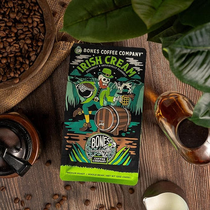 Bones Coffee Company Irish Cream, Creamy Liqueur Flavored Coffee, Medium Roast Low Acid Arabica Beans Compatible with Auto drip and French Press Coffee Maker, 12 Oz Whole Bean