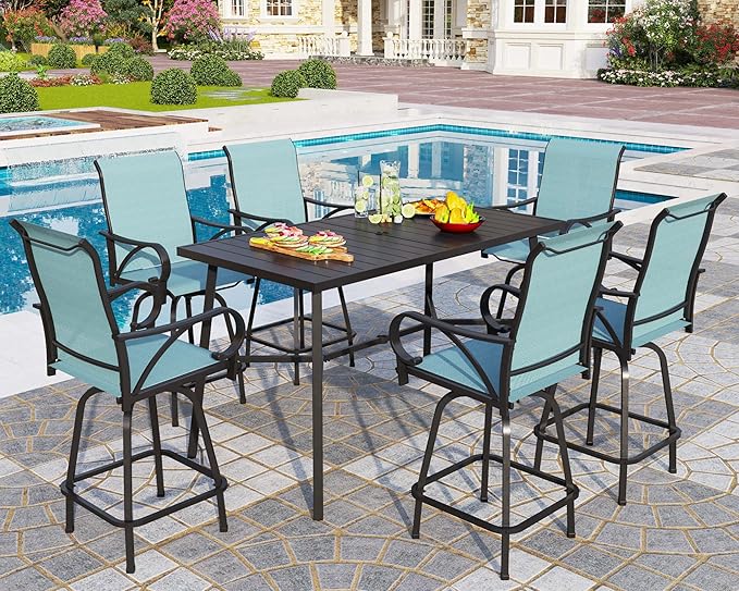 PHI VILLA 7 Piece Outdoor Bar Dining Set, High Top Patio Table and Chairs with 6 Swivel Teal Bar Stools & 40" Rectangle Metal Bar Table for Garden, Yard and Deck