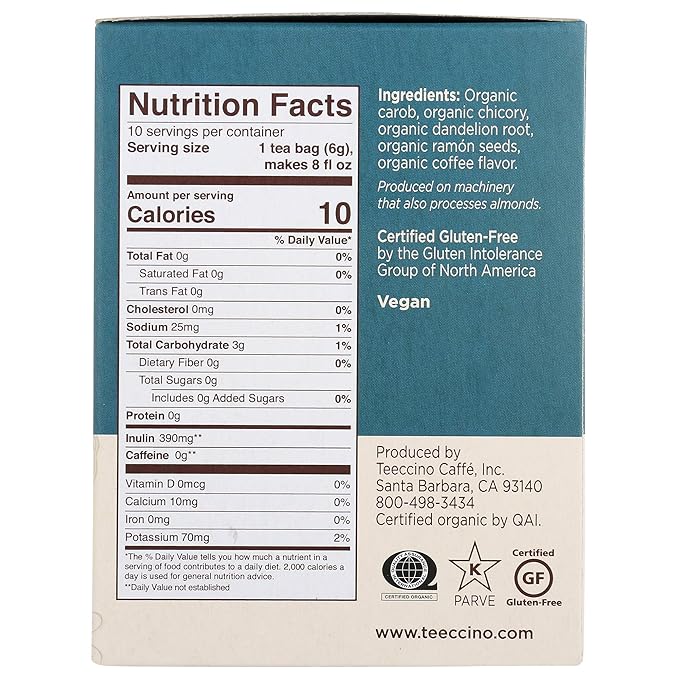 Teeccino Dandelion Dark Roast Tea - Caffeine Free, Organic, Roasted Herbal Tea with Prebiotics, 3x More Herbs than Regular Tea Bags - Gluten-Free, Acid-Free Coffee Alternative - 10 Tea Bags