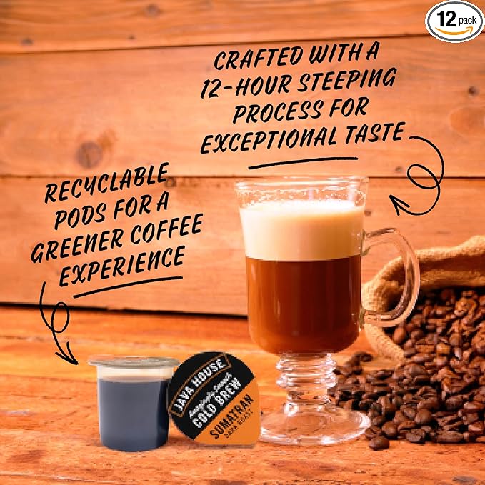 JAVA HOUSE Dark Roast Sumatran Cold Brew Pods, (12 Count) Peel and Pour Pods Hot or Iced Instant Coffee Concentrate