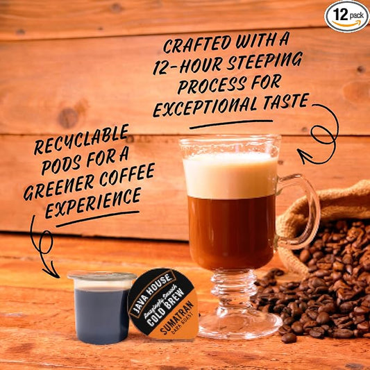 JAVA HOUSE Dark Roast Sumatran Cold Brew Pods, (12 Count) Peel and Pour Pods Hot or Iced Instant Coffee Concentrate