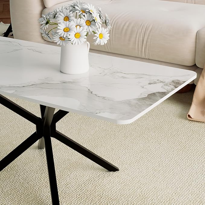 Faux Marble Coffee Table, Rectangle Modern Style Sintered Stone Living Room Table with Metal Legs for Home Office Living Room (White, 40" x 20" x 18")