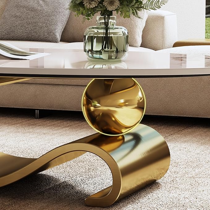 Marble Grain Coffee Table with Gold Stainless Steel Pedestal,Modern Coffee Tables,Oval Living Room Table with Faux Marble Top & Luxury Legs,Sintered Stone Cocktail Center Table,49.2 inch