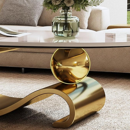 Marble Grain Coffee Table with Gold Stainless Steel Pedestal,Modern Coffee Tables,Oval Living Room Table with Faux Marble Top & Luxury Legs,Sintered Stone Cocktail Center Table,49.2 inch
