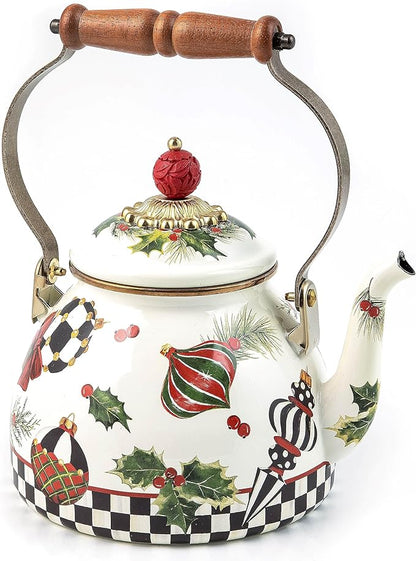 MACKENZIE-CHILDS Deck the Halls 2-Quart Enamel Tea Kettle, Christmas Tea Kettle for Stovetop