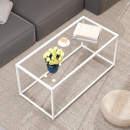 Coffee Table Glass Center Table,Modern Minimalist Coffee Table for Living Room,Tempered Glass-top with Sturdy Metal Frame, Easy Assembly,39.4 x 18.9 x 17.7 Inches,White