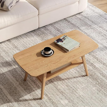 100% Solid Wood Coffee Table for Living Room, 39.37" Mid Century Modern Small Tables with Shelf Storage, 2-Tier Coffee Table with Rounded Corners (Oak Wood Log Color, 39.37" L)