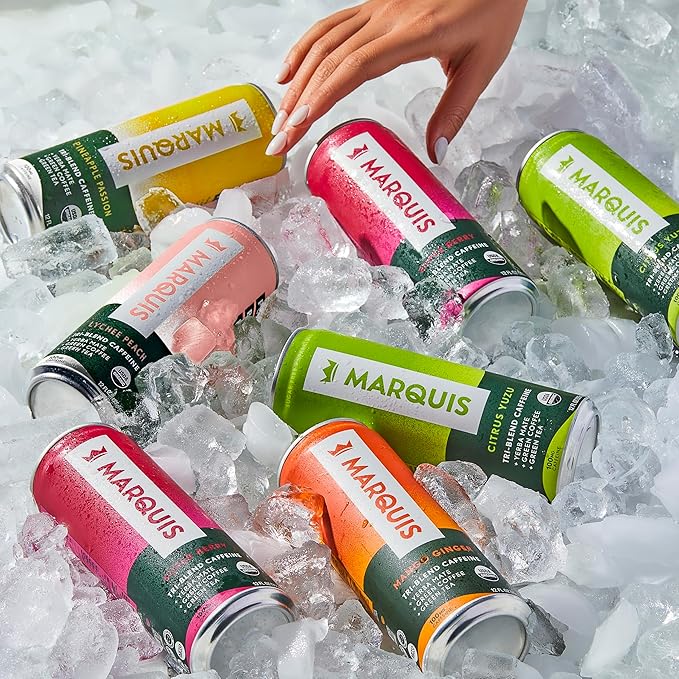 Marquis - Natural Energy Drink - Lychee Peach - Sugar Free - 0 Calories - 100mg of Organic Plant Based Caffeine - Yerba Mate - Green Tea - Vitamin C & B Vitamins - Vegan - 12 oz Cans - 12 Pack