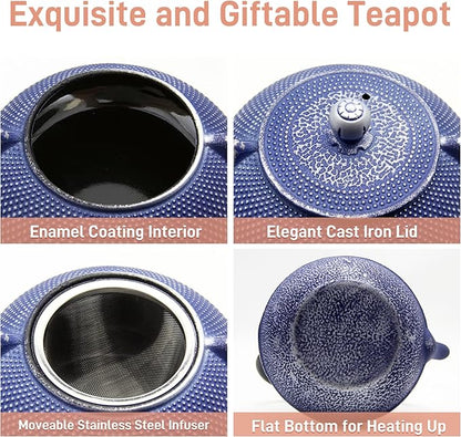 Cast Iron Teapot Tea Kettle with Stainless Steel Infuser for Stovetop Safe Coated with Enameled Interior Japanese Dark Blue Tetsubin for Loose Tea(30.4oz/900ml)