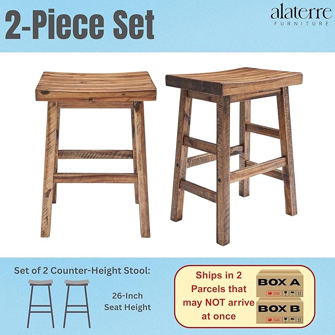 Alaterre Furniture Durango 26-Inch Industrial Wood Counter-Height Stools – Set of 2 Rustic Saddle Seat Bar Stools - Vintage Style with Light or Dark Lacquer Finish for Kitchen Island or Home Bar