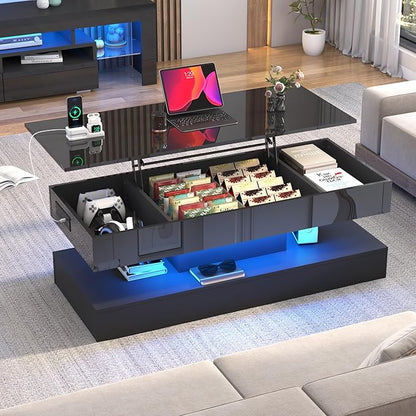 47.2" Large Lift Top Coffee Table,Modern High Glossy LED Coffee Tables for Living Room with Storage,Black Living Room Tables for Living Rooms,Dining Room,Bedroom Home Office,APP LED Lights（Black）