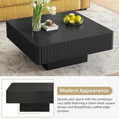 31.6 Inch Square Drum Coffee Table, Modern Handcraft Fluted Drum Coffee Table, Wooden Square Center Table Cocktail Table with Stable Pedestal for Living Room Apartment (Black)