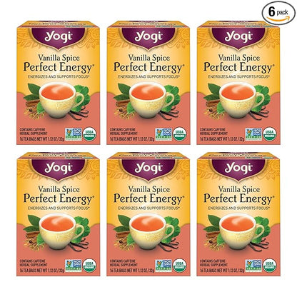 Yogi Tea Vanilla Spice Perfect Energy Tea - 16 Tea Bags per Pack (6 Packs) - Organic Vanilla Energy Tea - Focus Tea - Includes Green Tea, Black Tea, Ashwagandha, L-Theanine & More