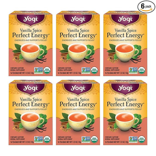 Yogi Tea Vanilla Spice Perfect Energy Tea - 16 Tea Bags per Pack (6 Packs) - Organic Vanilla Energy Tea - Focus Tea - Includes Green Tea, Black Tea, Ashwagandha, L-Theanine & More