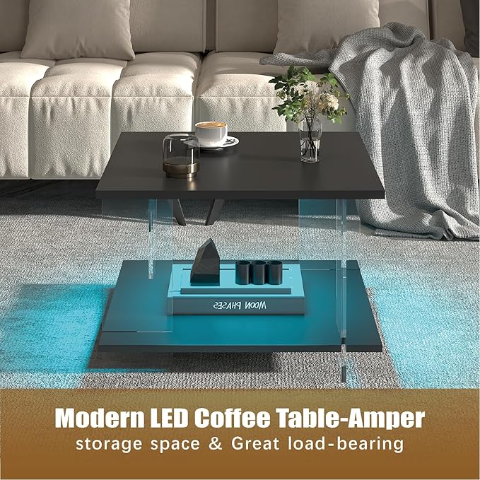 24" Acrylic Coffee Table with Black Wood Tabletop, Minimalist Stylish Modern Square Center Table for Living Room,Led Living Room Table with Storage Shelf & Acrylic Frame for Small Space