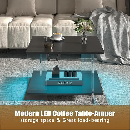 24" Acrylic Coffee Table with Black Wood Tabletop, Minimalist Stylish Modern Square Center Table for Living Room,Led Living Room Table with Storage Shelf & Acrylic Frame for Small Space