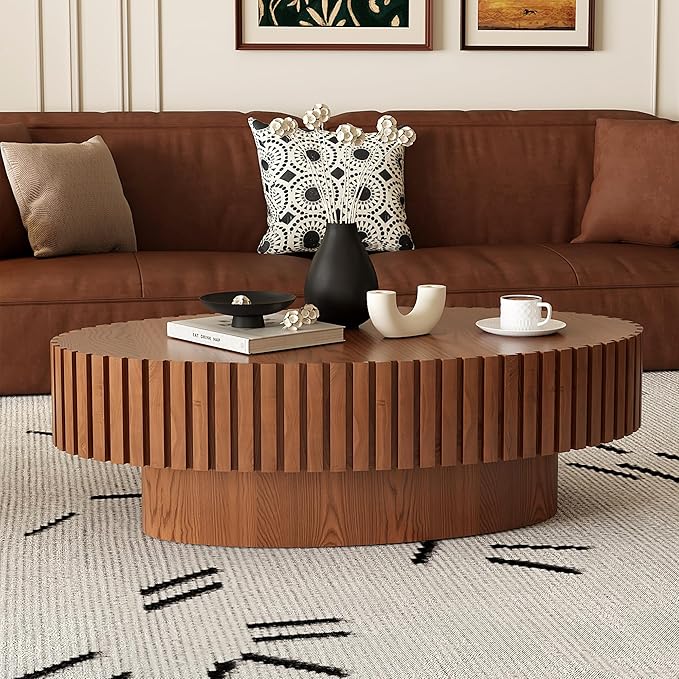 43.31" Oval Drum Coffee Table, Modern Handcraft Fluted Drum Center Table, Wooden Oval Coffee Table Center Table with Sturdy Pedestal for Living Room Apartment (Natural Wood)