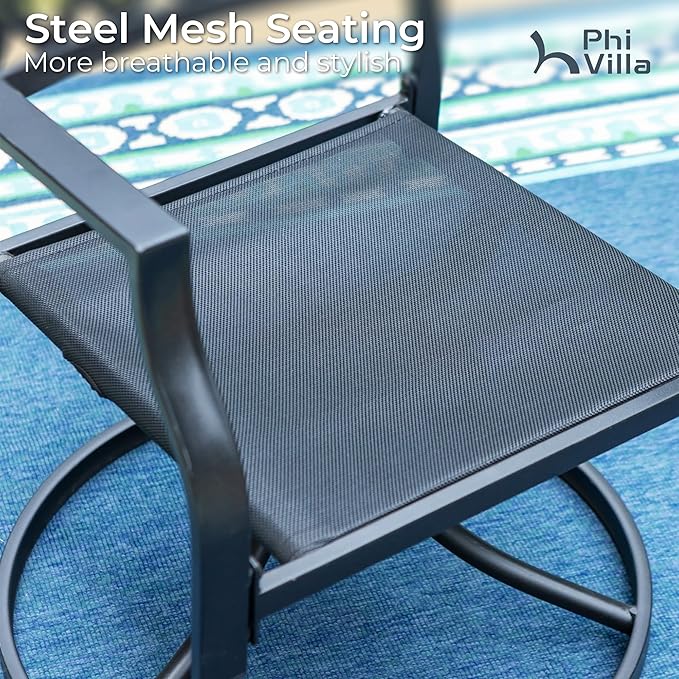 PHI VILLA Outdoor Metal Swivel Chairs Set of 6 Patio Dining Rocker Chair with Cushion Furniture Set for Garden Backyard Bistro, Black