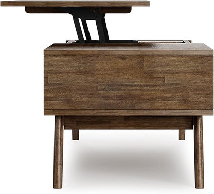 SIMPLIHOME Clarkson Lift Top Coffee Table - 48 inch Wide Solid Acacia Wood Mid-Century Cocktail Table in Rustic Natural Aged Brown, Stylish Living Room Table with Storage Compartment and Open Shelf