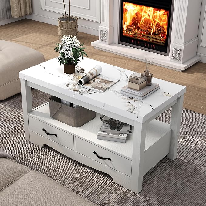 Coffee Table 40" Faux Marble 2-Tier Modern Wooden Rectangle Center Table with Drawers for Living Room, Conference Room, Thickened Top, Small Space Home Furniture (White Oak with Storage)