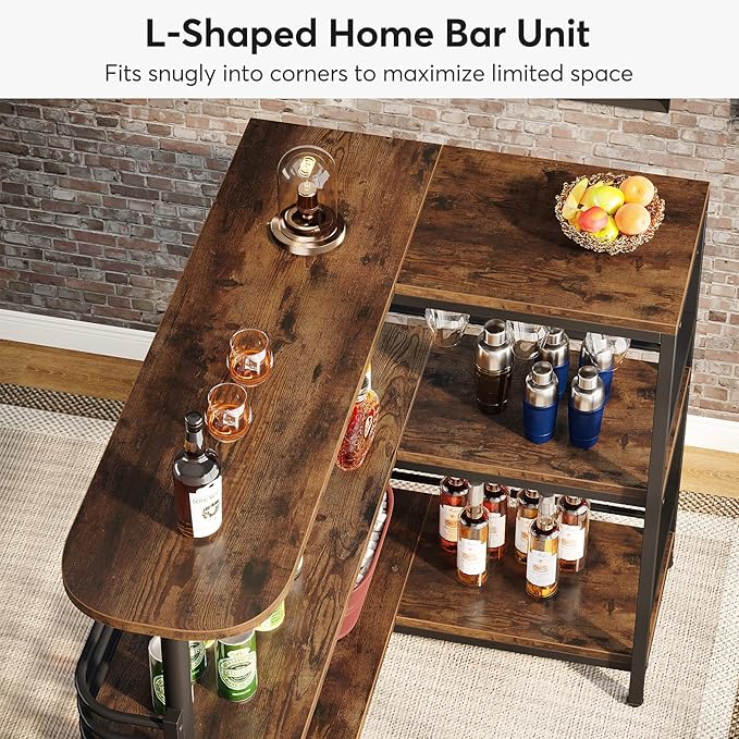Tribesigns L-Shaped Home Bar Unit, 3 Tier Liquor Table With Storage Shelves and Wine Glasses Holder, Industrial Corner Wine Cabinet Mini Bar for Home Kitchen Pub, Rustic Brown