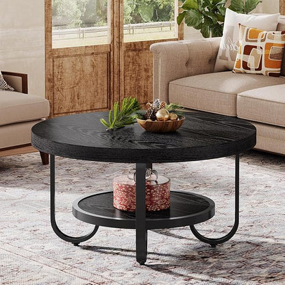 Tribesigns Round Coffee Table, 31.5" Modern Wood Circle Center Table with Storage Shelf and Metal Frame, 2-Tier Industrial Accent Cocktail Table for Living Room, Small Space, Apartment, Black