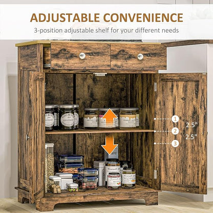 HOMCOM Sideboard with Solid Wood Countertop, Modern Kitchen Storage Cabinet, Coffee Bar Cabinet with 2 Drawers, Doors and Adjustable Shelf, Rustic Brown