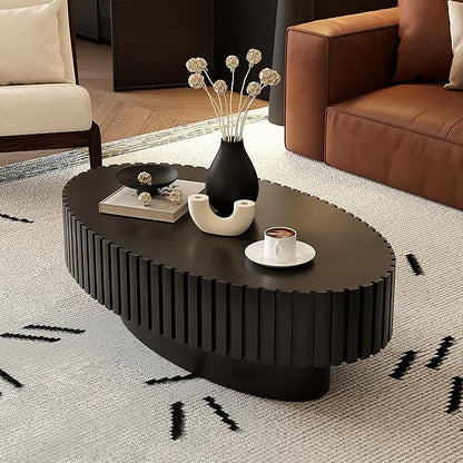 43.31" Oval Drum Coffee Table, Modern Handcraft Fluted Drum Center Table, Wooden Oval Coffee Table Center Table with Sturdy Pedestal for Living Room Apartment (Black)
