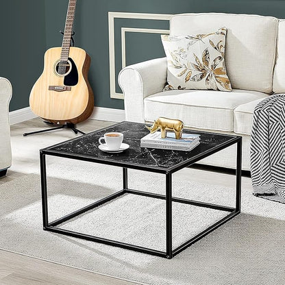 SAYGOER Black Coffee Table Small Square Coffee Table Simple Modern Center Table for Living Room Home Office 27.6 * 27.6 * 15.7Inch Easy Assembly, Black Faux Marble
