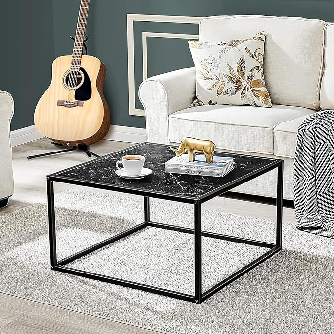 SAYGOER Black Coffee Table Small Square Coffee Table Simple Modern Center Table for Living Room Home Office 27.6 * 27.6 * 15.7Inch Easy Assembly, Black Faux Marble