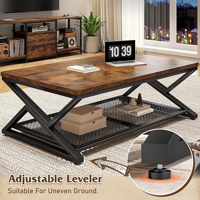 EnHomee Coffee Table with Storage, Modern Coffee Tables for Living Room with Mesh Shelf, 2 Tier Rectangular Center Table for Living Room, Bedroom, 47.2 Inch, Rustic Brown