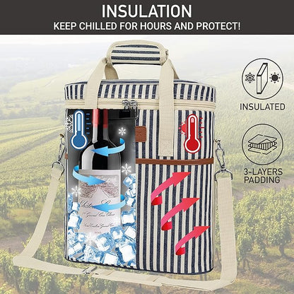 OPUX 3 Bottle Wine Carrier Tote, Insulated Leakproof Wine Cooler Bag, Wine Travel Bag Tote for Picnic BYOB Beach, Portable Wine Bottle Carrying Case, Gift for Wine Lover Women Men Christmas, Stripe