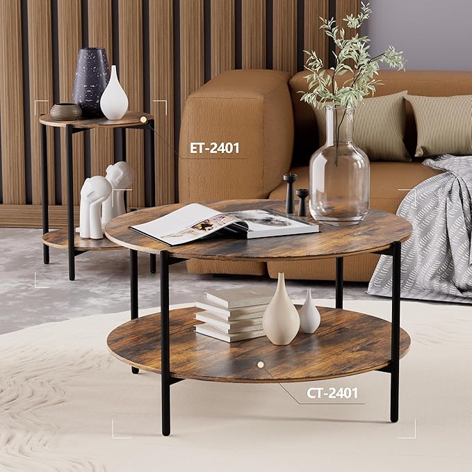 Round Coffee Table, 2-Tier 32.9" Circle Coffee Tables with Storage Wood Rustic Farmhouse Center Circular Coffee Table for Living Room Bedroom Balcony Office - Walnut