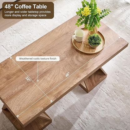 OKD Modern Coffee Table, 48" Twisted Center Table with Wood Thickened Pedestal, Rectangular Rustic Living Room Table, Farmhouse Storage Low Cocktail Tea Table, Light Tree Knot
