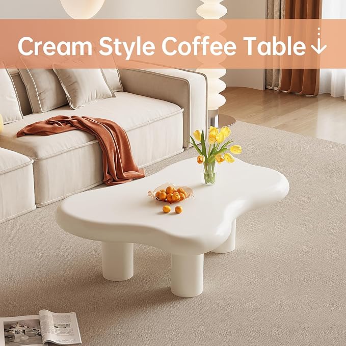 Irregular-Shaped Coffee Table, 39.37" Cream White Center Table with 3 Legs, Cartoon Indoor Tea Table for Living Room, Home Office, Easy to Assemble