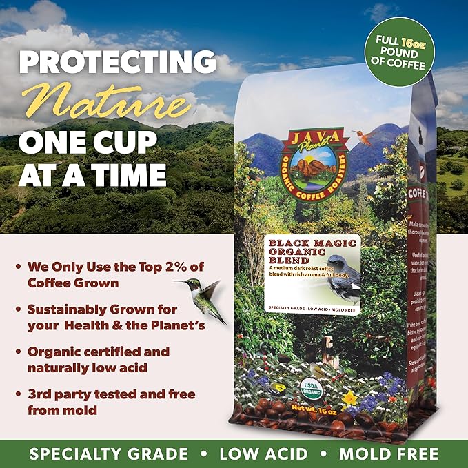 Low Acid Organic Coffee – Whole Bean, Mold-Free & Stomach Friendly by Java Planet, Black Magic Blend Coffee, Medium Dark Roast, Smooth Full Flavored, 1LB Bag
