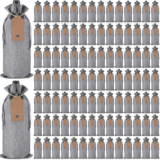 Windyun 100Pcs Burlap Wine Bags Drawstring Wine Bottle Gift Sacks with Tags 5.9 x 13.8 Inch Jute Burlap Plain Wine Bags for Wedding Birthday Blind Tastings Christmas Travel Party (Gray)