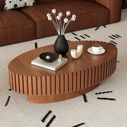 43.31" Oval Drum Coffee Table, Modern Handcraft Fluted Drum Center Table, Wooden Oval Coffee Table Center Table with Sturdy Pedestal for Living Room Apartment (Natural Wood)
